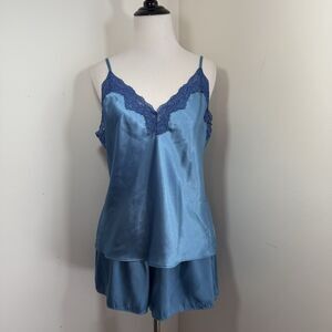 "Linea Donatella" L Satin & Lace Cami & Shorts Sleep Set Blue Silky Pajamas